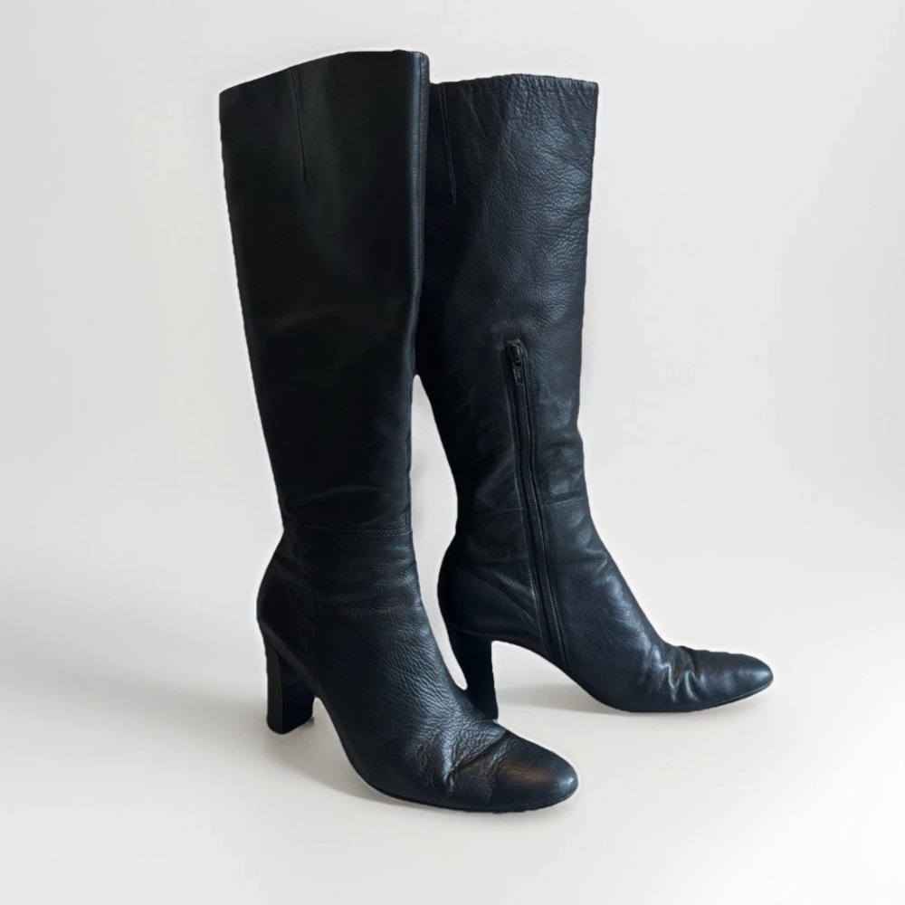 Vintage Nine West Black Leather Knee-High Heeled Dress Boots 90s